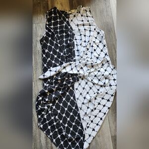 Ashley Stewart Women's Black-White High Low Sleeveless Geometrical Print Duster